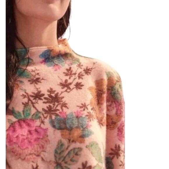 Anthropologie Pilcro Alani 100% Cashmere Sweater Small Pink Combo Floral Crop - Picture 3 of 12